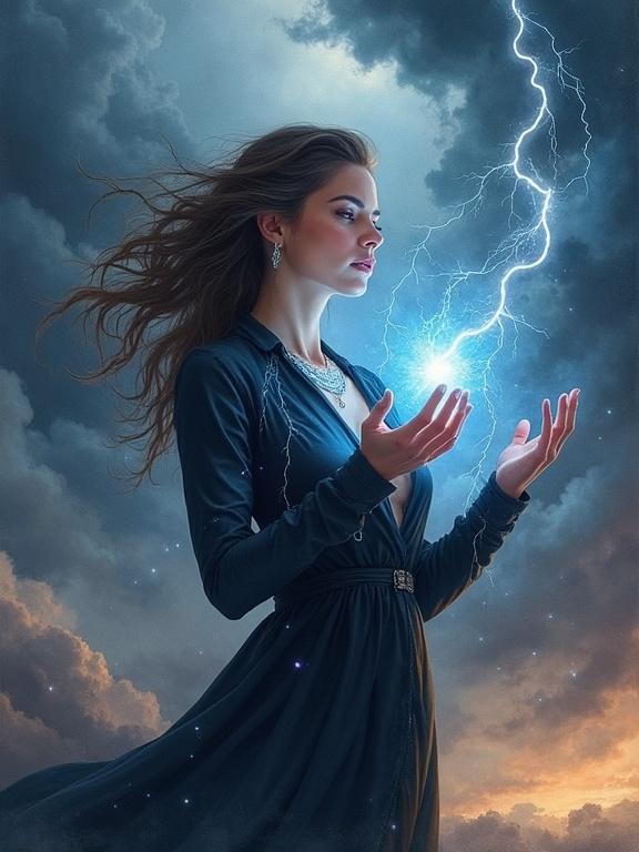 A powerful woman surrounded by storm. Lightning arcs from her hands. Dark clouds loom above her. She wears dark clothing and stands in a dramatic pose. Otherworldly atmosphere enhances the mystery.