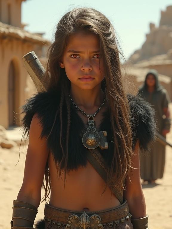 Photorealistic image of a beautiful teen girl with a muscular body. Serious expression on her face. Long light brown hair. Dark green skin. Red eyes with pronounced lower teeth. Wearing a small black fur top and a loinc cloth. Holding a massive axe toward the viewer. Standing in a medieval desert village.