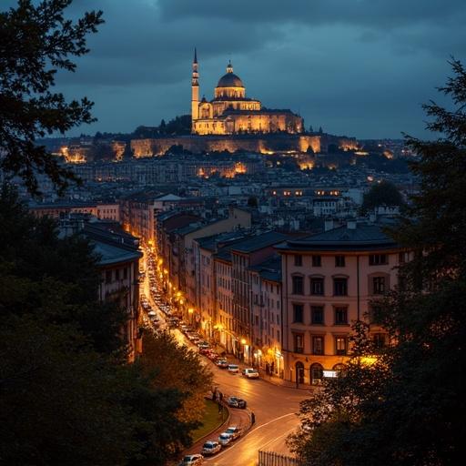 Night view of Montmartre. Illuminated Basilica of the Sacré-Cœur atop a hill. Winding street with warm lights. Dark sky with a sense of calm. City streets filled with historical charm.