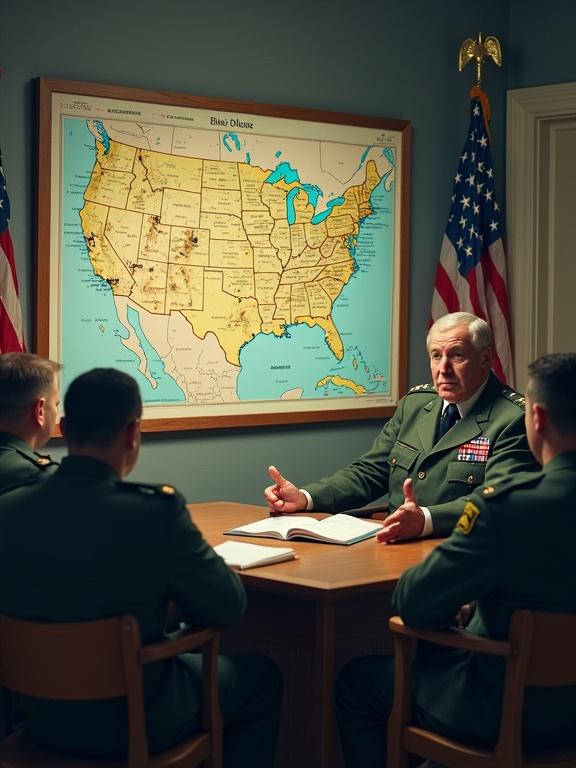 A humorous scene in a presidential military briefing room. Four soldiers seated at a table. An old man animatedly explaining plans. A large map on the wall depicts strategic attack plans. Soldiers appear serious and attentive. The atmosphere blends humor with seriousness.
