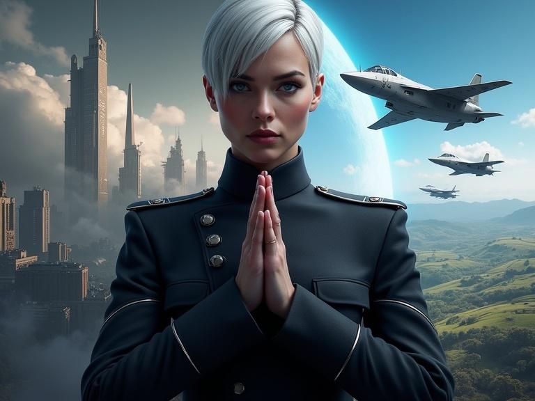 Digital promotional poster for a video game. Central figure is a platinum woman in military uniform standing with hands clasped. She exudes determination. Background features a dystopian cityscape on the left and a natural landscape on the right. Futuristic aircraft fly above. Dark, moody color palette with bright elements.