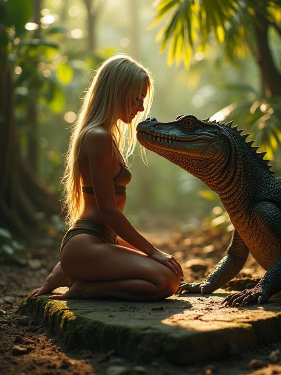 Blonde tribal warrior girl kneeling on mossy stone in jungle clearing. Skin glistening with sweat. Long hair stuck to her back. Gently humming while drawing patterns in mud. Huge komodo dragon approaches and sniffs her face. She smiles and strokes its muzzle. Golden light filters through leaves.