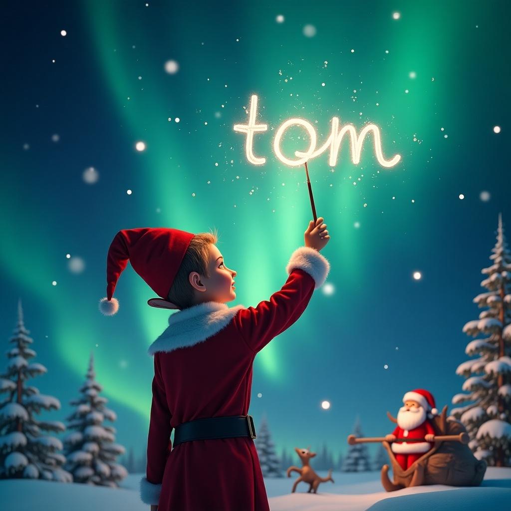 Elf facing sky. Writing names in air with wand. Background includes northern lights and Santa. Name written is 'tom'.