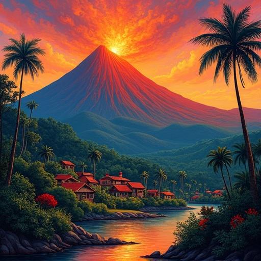Village located beneath a glowing volcano in a warm tropical setting. Artistic style inspired by Gauguin with flat color planes. The scene conveys spirituality and lushness. Grounded triangle balance creates a striking composition against a dramatic background. Features bold color contrast and oil-paint texture with warm saturated lighting.