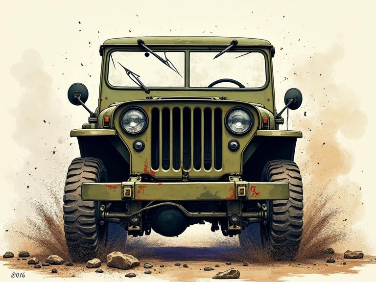 Military jeep from top-down frontal angle. Stripped of humans with war-torn impact. Heavy ink outlines create mechanical clarity. Hand-rendered in dry brush and watercolor. Grille appears snarl-like under sage and ochre washes. Hood has jagged crease with white-highlighted ridge. Windshield frame jagged and fractured. Tires vary in exposure. Underneath shows grim browns and purples. Rear deck has visual noise. Abstract splashes of mud and shrapnel. Sky is smoky and brushy. Seemed painted from memory with emotional mass.