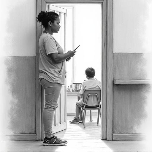 A detailed hyper-realistic pencil sketch of a teacher observing students in a classroom. The teacher stands at the doorway with a look of composure. The classroom depicts a student seated at a desk, engaged in learning. The lighting demonstrates chiaroscuro with smooth blended shading.