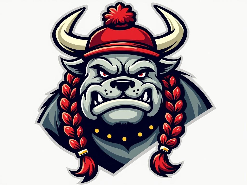 This image is a bold and stylized illustration of a bulldog with Viking attributes. The bulldog is depicted wearing a red beanie with entwined braids, a typical feature of Viking imagery, and sports a pair of Viking horns. The sharp contrast between its grey fur and the red accents adds a striking visual appeal.