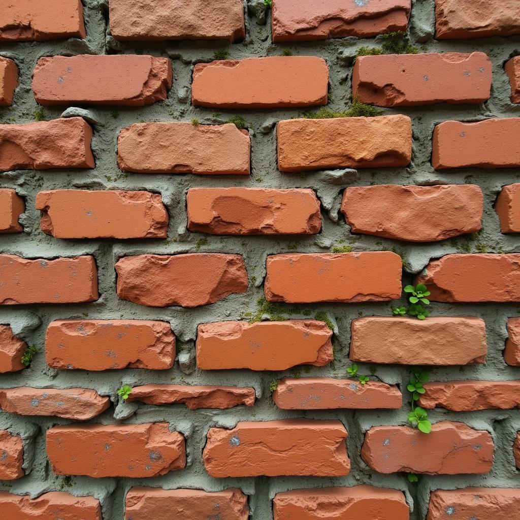 Warm terracotta bricks and earthy orange-brown bricks create a realistic rough texture. Uneven and weathered bricks with carved geometric patterns. Sand-gray mortar lines and light gray grout show natural wear. Subtle green moss growth in the crevices adds detail. Photorealistic quality with high contrast and deep depth of field. Captures rustic and aged architectural design with a QR code pattern.