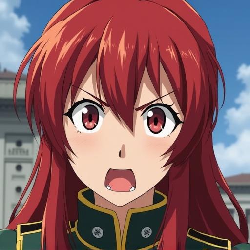 Anime character design featuring a female soldier. She appears angry and surprised. The character has red medium hair with parted bangs, wearing a green military-style outfit with a high collar against a sky background.