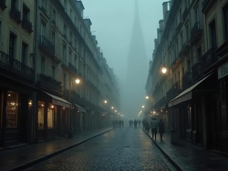 Fog envelops a Parisian street featuring tall narrow buildings with ornate balconies. Dim streetlights illuminate cobblestones. A hint of a café glow is visible. The Seine sparkles in the background. An underlying sense of tension pervades the scene.