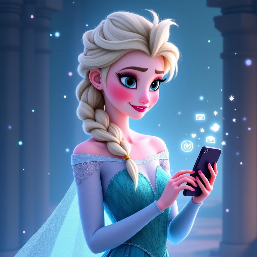 Create an image of Elsa from Disney's Frozen. She is interacting with social media on her smartphone. The setting features a subtle magical background with sparkles and soft lighting. Elsa has her signature braided hair and wears a beautiful dress.