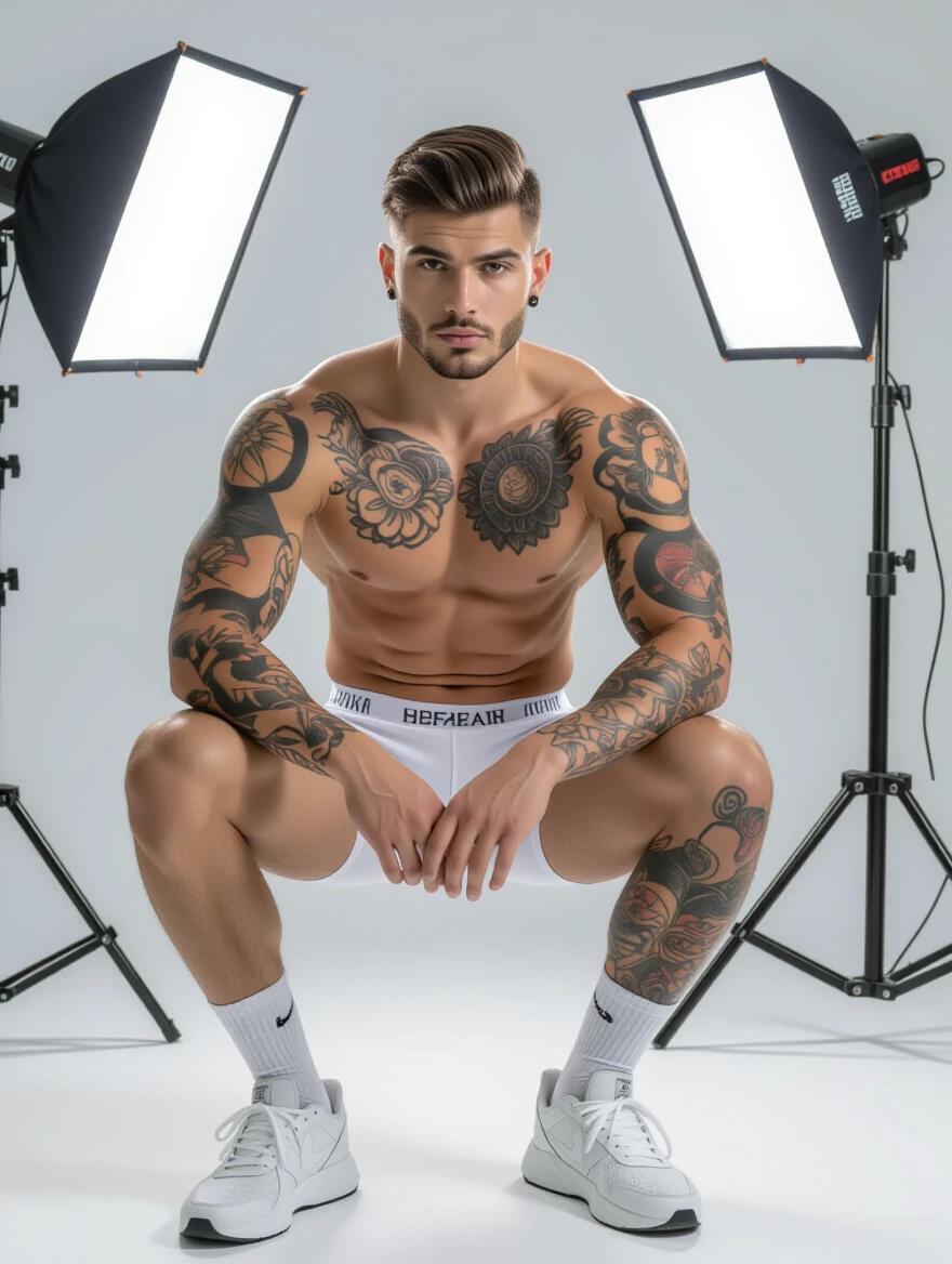 25-year-old male model with defined body poses in white underwear and socks. Showcases tattoos on arms and torso. Photograph taken in a studio with professional lighting. Advertising styled photo focusing on body and fashion.