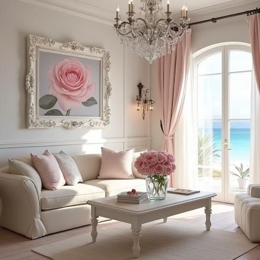 Light pink and white shabby chic living room with cream accents. Includes crystal chandelier and light pink roses in vase on coffee table. Features pink rose painting on wall with white rococo style frame. Light aqua accents. Beach view through window.