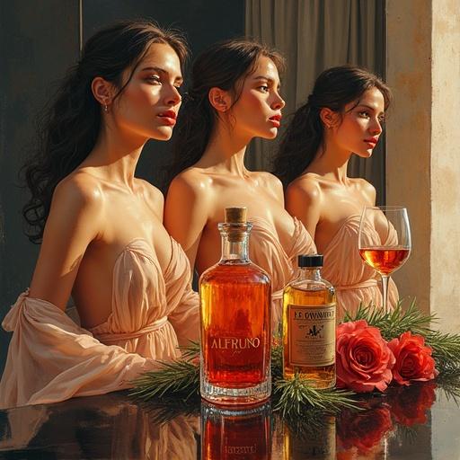 Three gorgeous women pose with luscious silk wraps. Central apothecary bottle labeled 'ALFRUNO' with golden reddish liqueur. Cocktail glasses and roses on a black table. Artwork combines modern and rustic elements. Emphasizes luxurious and mysterious ambiance.