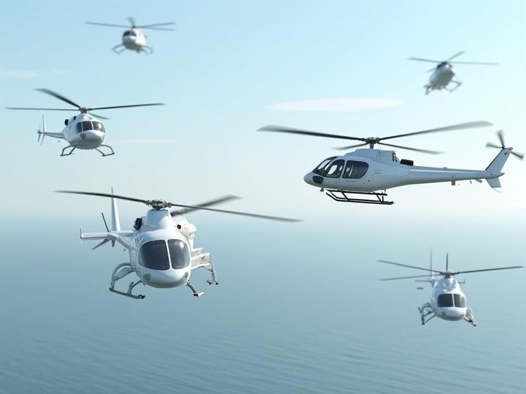An ultra realistic image depicting five white helicopters flying in the sky above the sea.