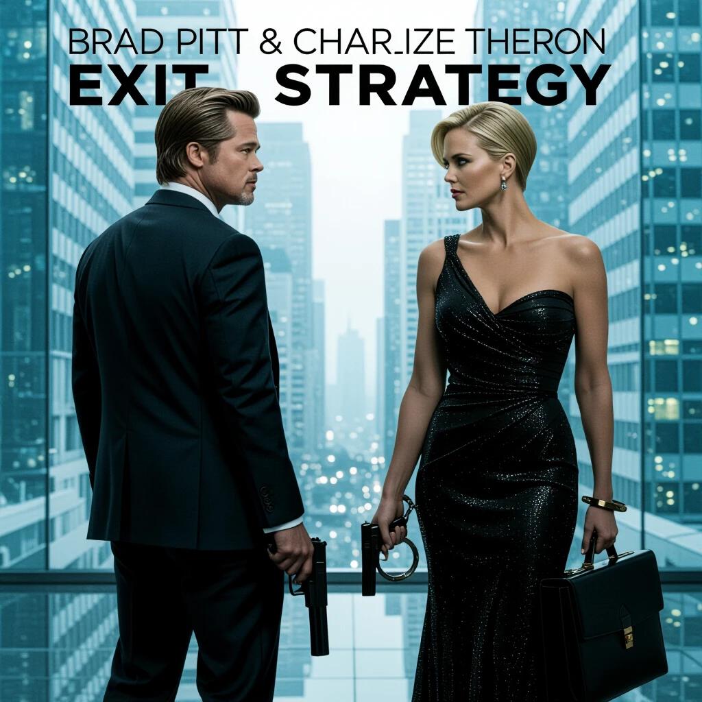 High-contrast espionage thriller aesthetic featuring a man in a tailored suit with a silenced pistol and a woman in a shimmering black evening gown holding a briefcase. Title reads Brad Pitt and Charlize Theron in EXIT STRATEGY. Poster shows high contrast with backlit silhouettes and tall glass skyscrapers.