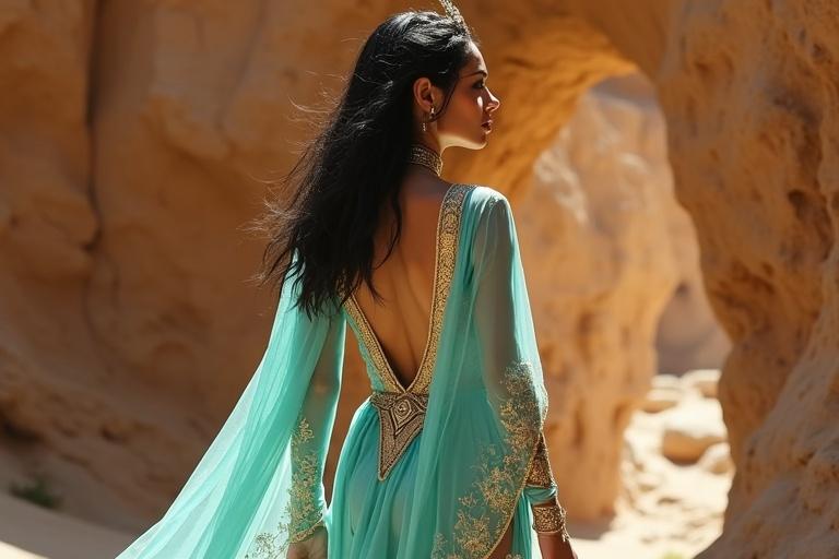 Wide rear shot of a tall woman in a turquoise Arabian princess-style outfit. Features gold embroidery and sheer overlay pants. Black shiny hair flowing. Deep V-neckline bordered with gold. Bold jeweled headpiece. Walking toward a glowing stone nook in a canyon wall. Veil floating behind. Determined expression.