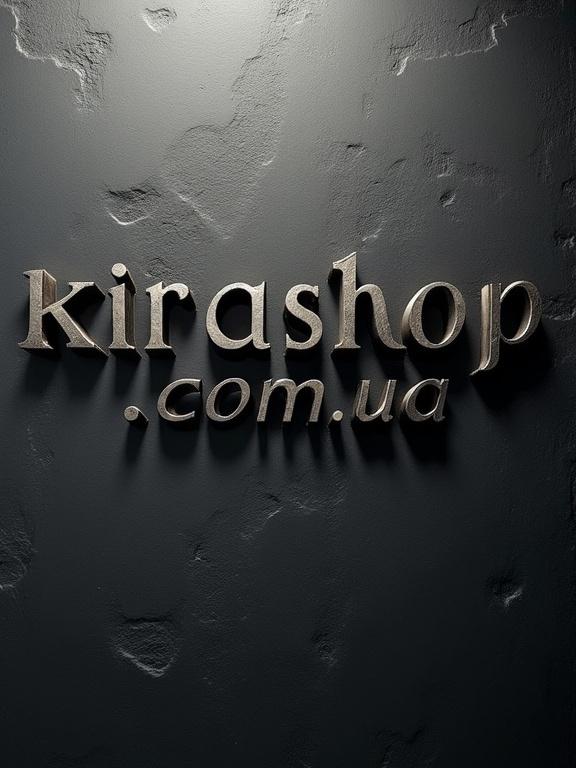 Cinematic image featuring text 'kirashop.com.ua' in refined typeface, appearing as if carved into a uniform dark material background like brushed metal or concrete. Text is highlighted with dramatic lighting to emphasize texture and depth.
