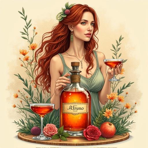 Illustration of a modern copper still in an alchemist distillery. Vibrant ink and watercolor design of a Celtic goddess in mid-thirties with long cascading hair, offering a toast with a herbal elixir. Bottle named 'ALFRUNO' glows in golden-red. Cocktail glasses each side of the bottle. Roses and rosemary accents. Beige background. Floral patterns of wild fruits and herbs. Phrase in hand-carved typography.
