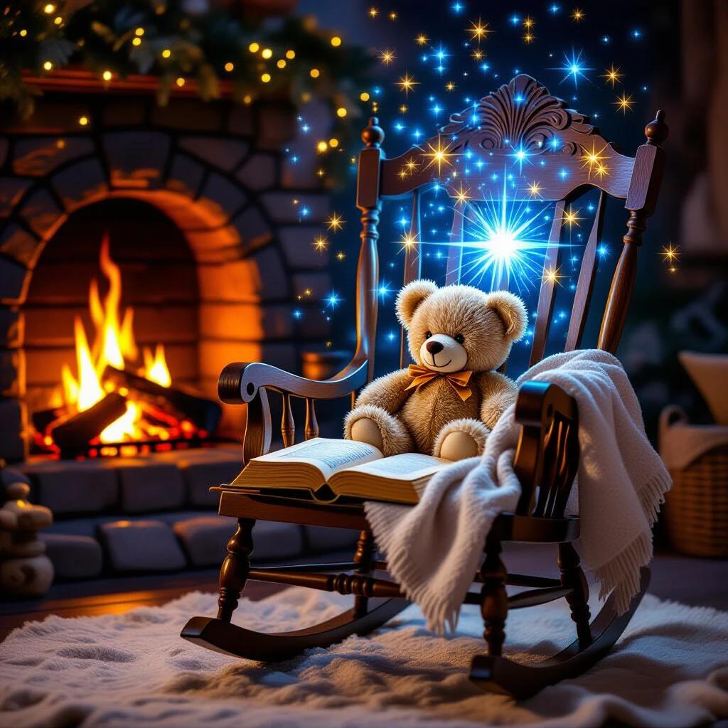 An ornate wooden rocking chair glows with heavenly blue light and gold firesparks. Cozy fire burns nearby. An adorable tiny teddy bear sits on the chair beside a magical book of fairy tales. A warm blanket drapes over one arm. The scene embodies warmth, love, and beauty.