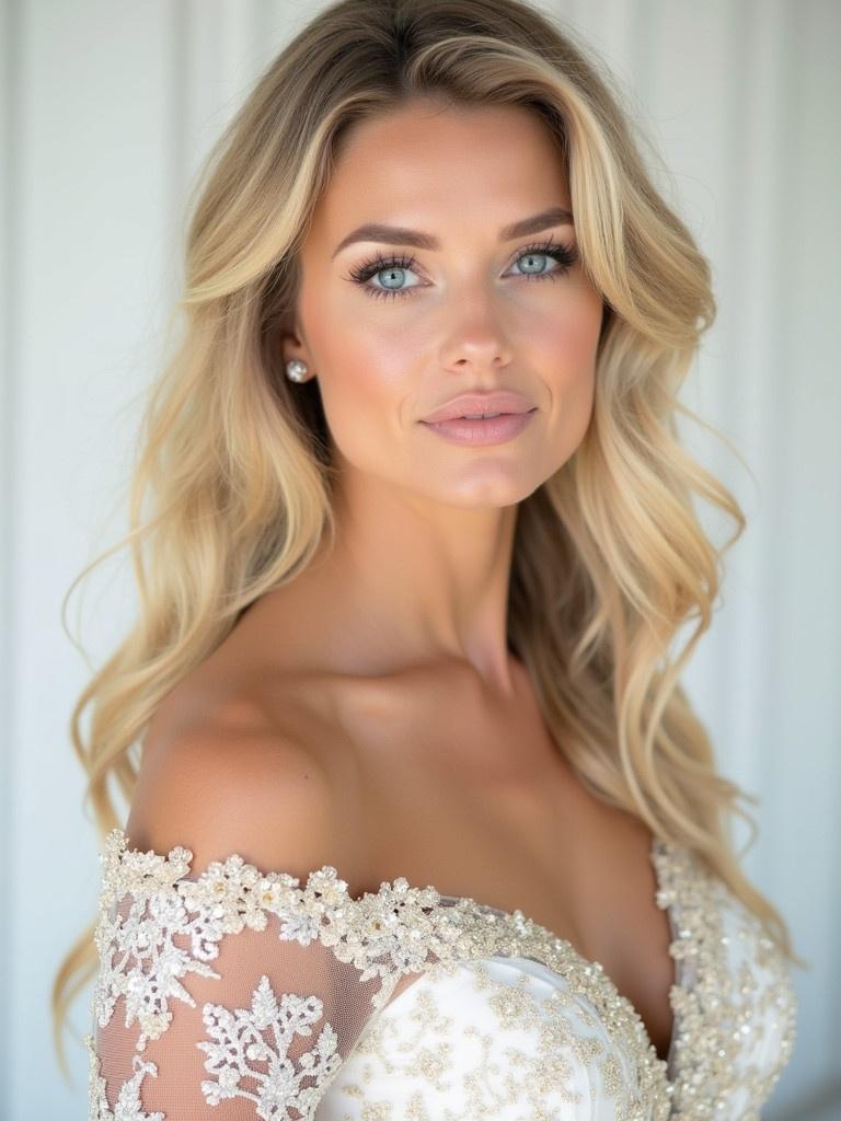 Blonde model with wavy hair wearing a white and gold wedding dress. Blue eyes and soft facial features. Neutral wedding background enhances bridal look.