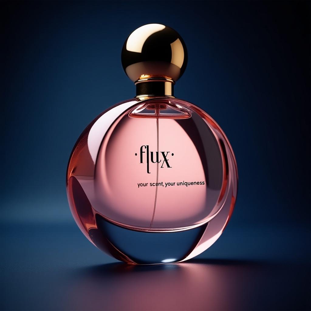 The image showcases a sophisticated perfume bottle labeled 'flux' with a tagline 'your scent, your uniqueness'. The bottle design is circular and features a pink hue complemented by a shiny gold cap. The color scheme blends shades of pastel pink and navy blue. The label is elegantly inscribed, which enhances its luxurious appearance. Dramatic lighting emphasizes the bottle's contours, creating depth and intrigue. This composition exudes elegance, making it ideal for marketing luxury fragrances.