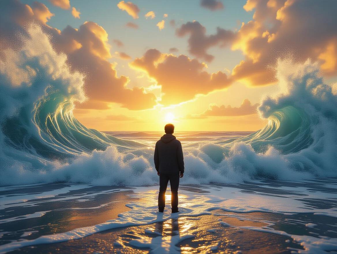 A man stands at the edge of an endless ocean. Waves crash around him. The sky is filled with dramatic clouds and bright sunset colors.