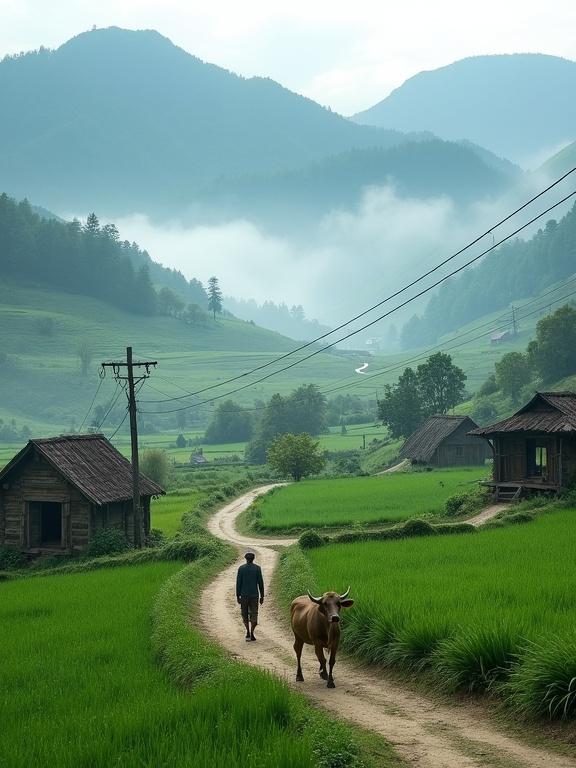 Rural village with lush green fields and mountains in the background. Morning mist adds a dreamy touch to winding dirt paths and wooden huts. A farmer walks with an ox, power lines visible in the distance. Represents harmony and simplicity of village life in nature.