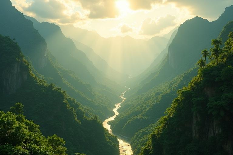 Drone shot from high altitude over lush emerald green mountains during golden hour. Towering ridges and thick vegetation in foreground with mist in valleys below. Narrow river reflecting sunlight. Layers of mountain peaks in distance create depth. Dynamic lighting with sunbeams and shadows. Birds gliding enhance realism. No human presence in this raw nature scene.