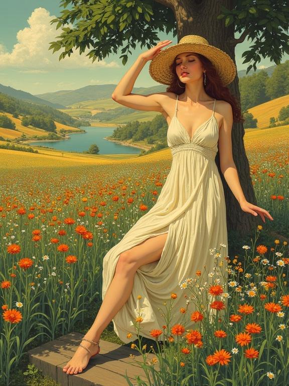 Summer scene featuring a woman in a flowing white dress standing among flowers. Background shows a picturesque landscape with hills and a river. Style inspired by Alphonse Mucha's Art Nouveau.