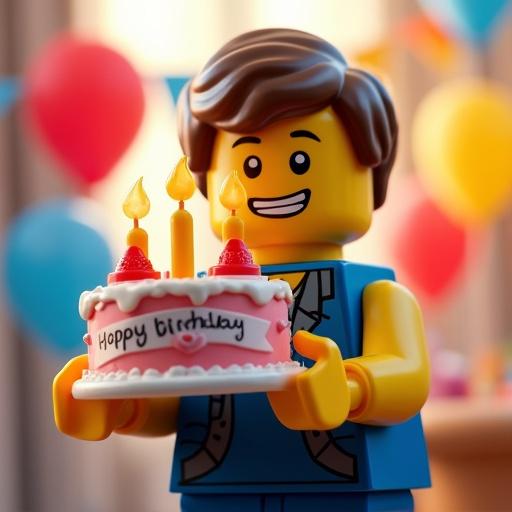 Lego cartoon character holding birthday cake. Cake decorated with three candles. Banner reads Happy Birthday. Colorful balloons in a party setting. Cheerful atmosphere conveying excitement and joy.
