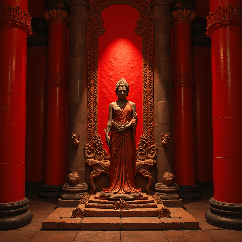 A serene statue stands surrounded by intricate carved pillars and illuminated with warm light.