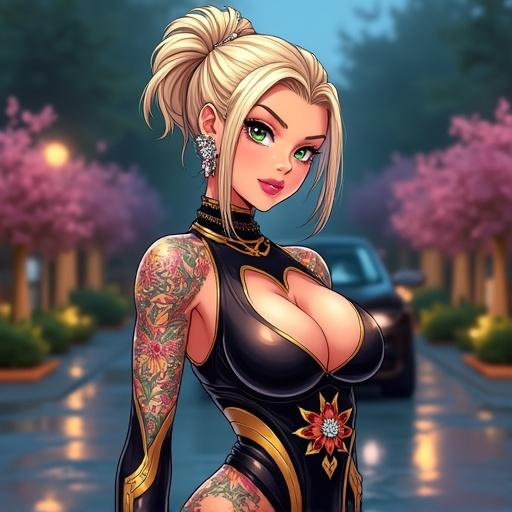 Anime character in luxurious garage setting. Woman with emerald green eyes. Elegant light blonde French bun. Wearing edgy nightclub dress. Cybernetic right leg. Beautiful tattoos. Standing beside a luxury vehicle with accessories.