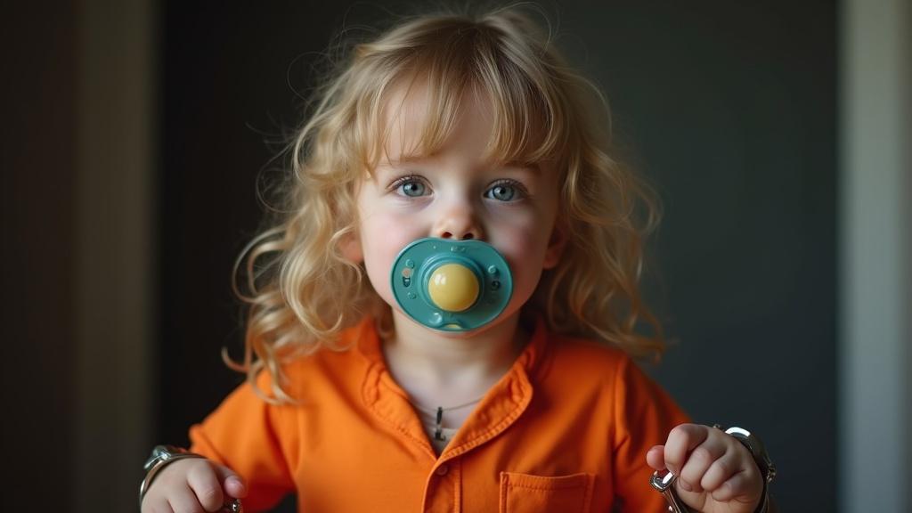 A child in an orange jail jumpsuit has a large pacifier in her mouth. The child is wearing handcuffs on her wrists. The scene shows her mother dressed in a police uniform. The mother is displaying child-friendly crime scene photos. The setting captures a playful investigation scenario.