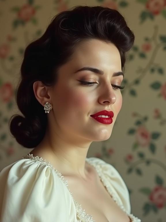 Image of a woman with a vintage look. She wears a white puff-sleeved dress. The background features floral wallpaper. Her hair is styled in a classic hairstyle from the 1950s. The image conveys a shy demeanor with a slight smile and closed eyes. The woman has big red lips and a tiny nose. There are diamond earrings adding elegance to her look. The lighting is soft and warm, enhancing the nostalgic vibe.