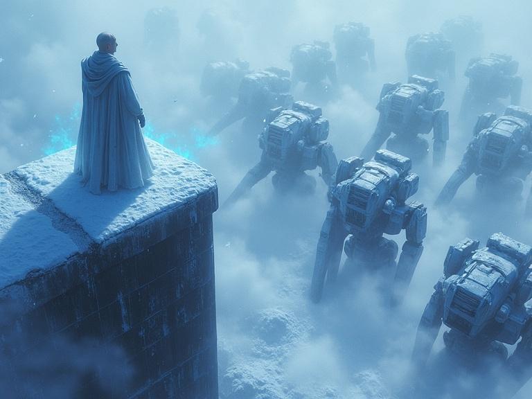 Scene depicts a high tower with a figure in a cloak standing on top. Below are massive robotic mechs marching through an icy landscape. Surrounding atmosphere is filled with snow and ice particles. Blue glowing energy is emitted by the figure. Cold blue-gray color dominates the scene. Overhead shot creates a dramatic effect.