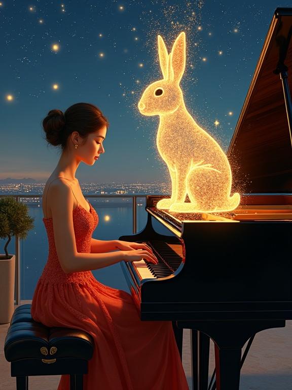 Elegant young woman plays black grand piano on a starlit terrace. Luminous rabbit constellation above her. Surrounded by golden sparkles for birthday. Oil painting style.