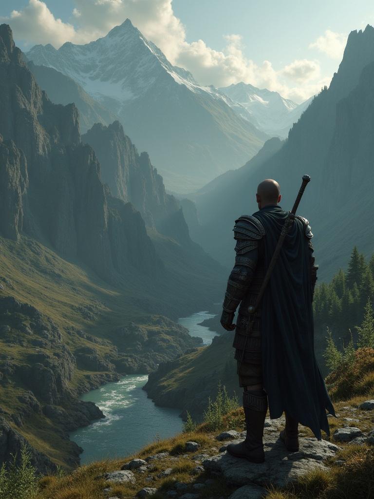 A medieval warrior gazes over a vast mountainous landscape. A river flows through the valley below. Mist hovers over the hills and mountains. The warrior stands confidently with a sword and wears armor and a flowing cape.