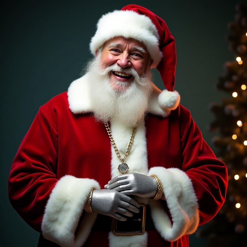 Santa Claus stands full body wearing red suit. He has diamond chains and a luxurious watch. He smiles bright and cheerful. The image has bright colors and global uplighting effect.