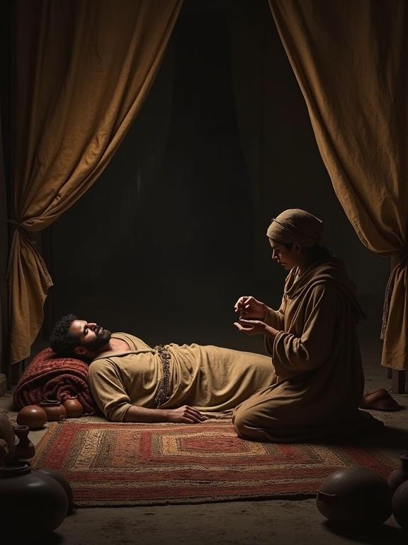Photorealistic representation of a quiet scene inside a dimly lit tent. A Canaanite commander lies on a woven rug under a blanket. A Kenite woman kneels beside him, offering milk from a skin container. The atmosphere is filled with tension.