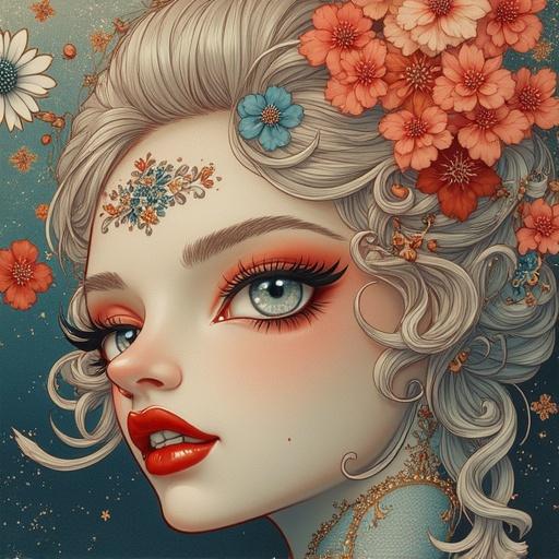 An artistic portrayal of a woman with flowers in her hair. Focus on cultural aspects with vibrant colors and elegant features. Incorporate elements of traditional Japanese aesthetics.