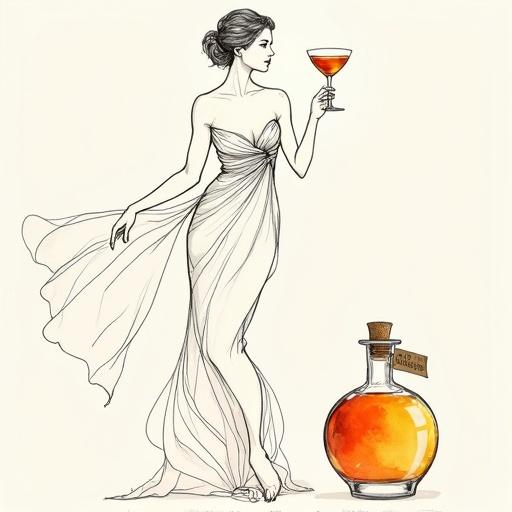 Minimalist abstract line art drawing of a beautiful Venus goddess supermodel silhouette in a luxury modern garden. She shows confidence and grace, posed mid-thirties. Depicted in pen ink with a continuous line. Wearing a lush translucent silk wrap. Body colorized with watercolor pastels. Offering a toast with a cocktail glass. Positioned near a lower apothecary bottle labeled 'ALFRUNO'. Bottle radiates golden-reddish glow with a cork lid and elegant hang tag. Artwork inspired by minimalist aesthetics emphasizing simplicity and elegance.