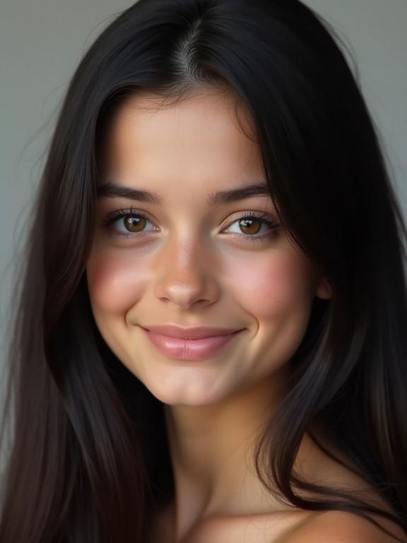 Portrait of a girl with straight dark hair above shoulders. Hair parted in the middle with shorter strand on left cheek. She is smiling.