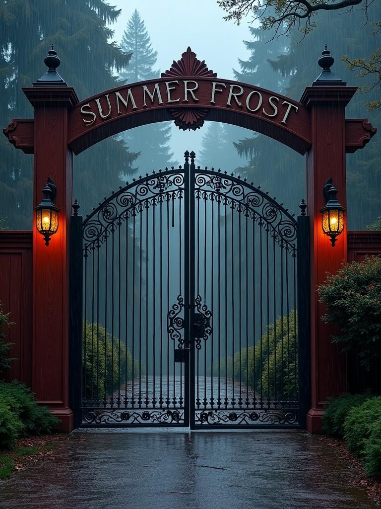 The image presents an ornate iron gate with the words 'Summer Frost' elegantly displayed across the top arch, framed by a rich wooden support structure. The dim lighting casts a mysterious ambiance, enhanced by the misty background of towering pine trees. Flanking the gate are two glowing lanterns, adding a touch of warmth to the otherwise cool, foggy setting.