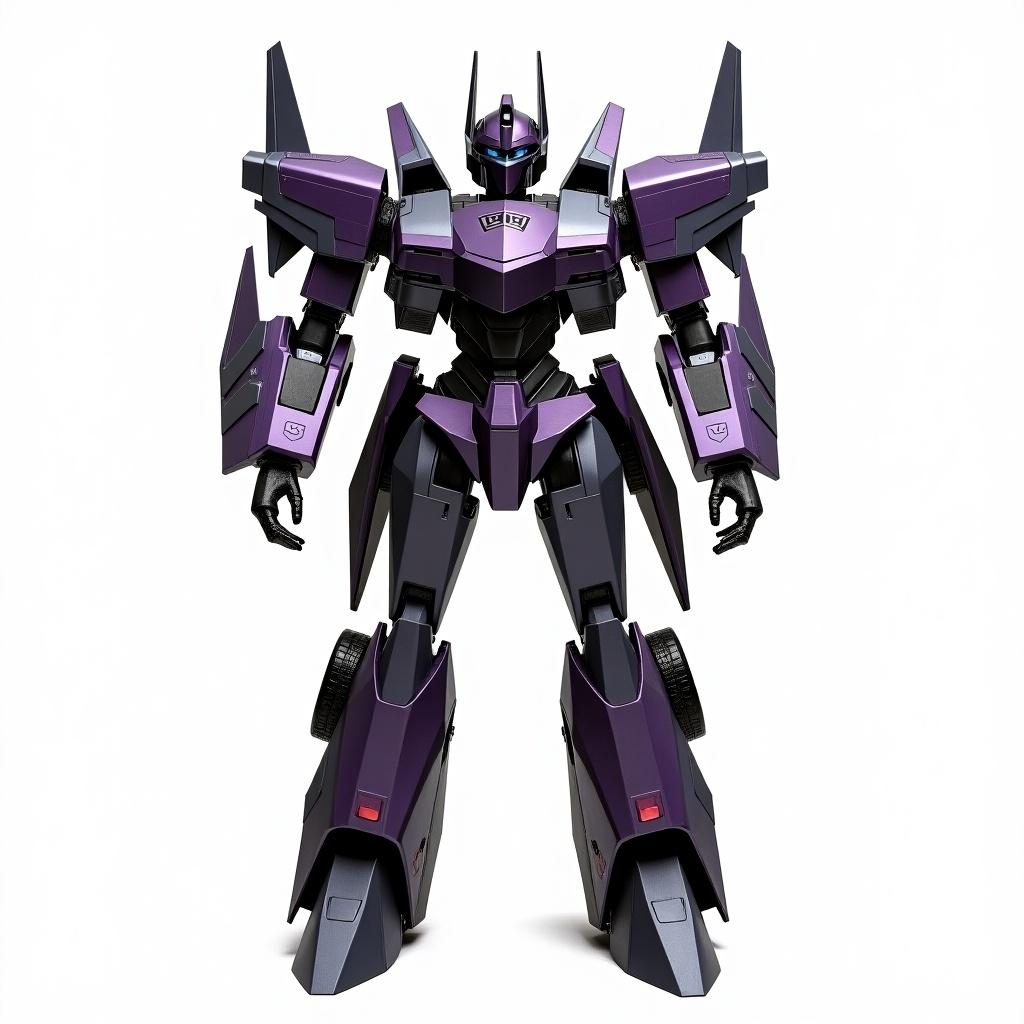 Image showcases a custom transformer robot. The robot stands tall with a feminine edge. It is designed from an F-16 fighter. Features a dark steel and purple metallic color scheme. Background is transparent for design integration.