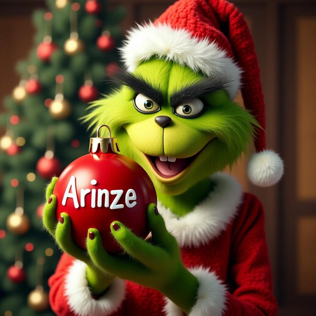 The Grinch holds a red ornament with Arinze written on it. Character has a festive look with a Santa hat. Christmas tree in the background.