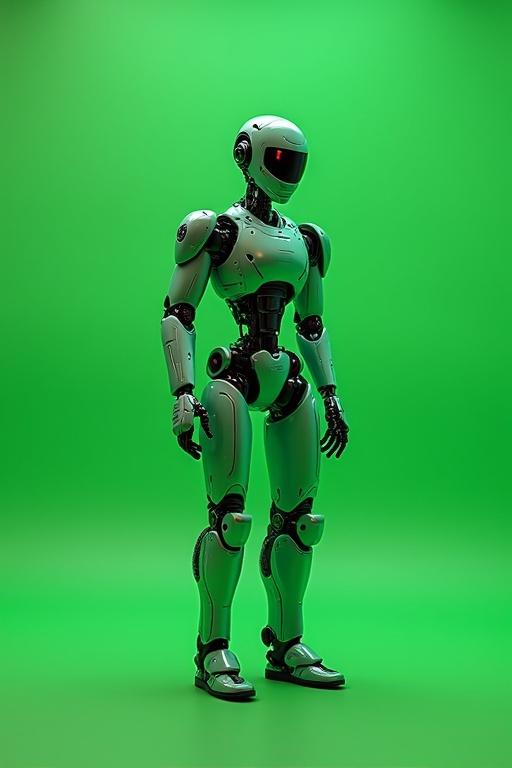 A humanoid robot stands on a green screen. The robot has sleek, futuristic design features.