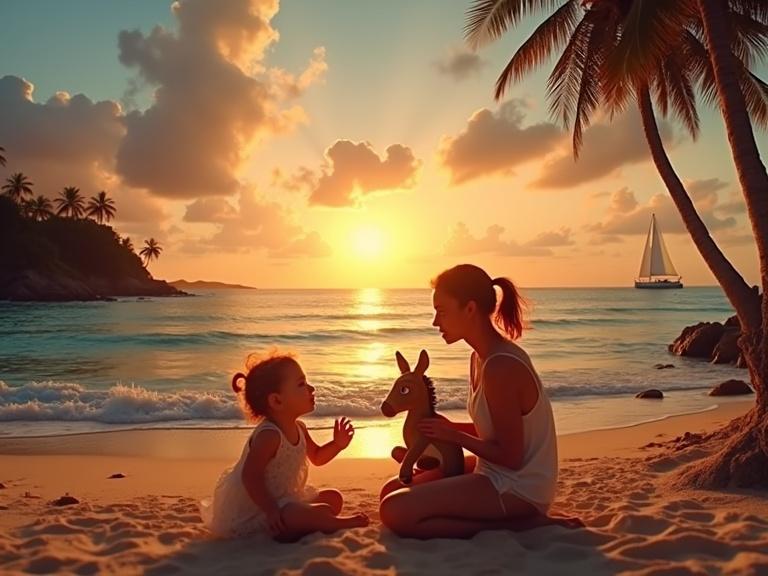 Tranquil beach scene at sunset. Golden light reflects on gentle waves. Silhouette of palm trees. A sailboat visible in the distance. Clear sky with scattered clouds. Mother plays with child. Young girl rests head on stool. Mother holds a toy donkey. Girl has a pacifier. Fun and lighthearted atmosphere.