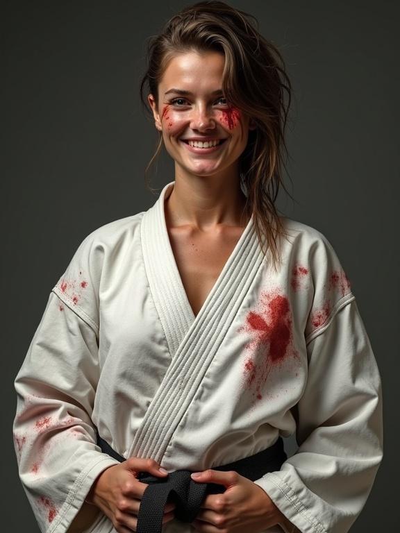 Realistic athletic woman wearing a ripped karate gi with bloody smudges on her body and bruises on her face. She has an asymmetrical hairstyle and appears exhausted but smiling. Hands are on her belt.