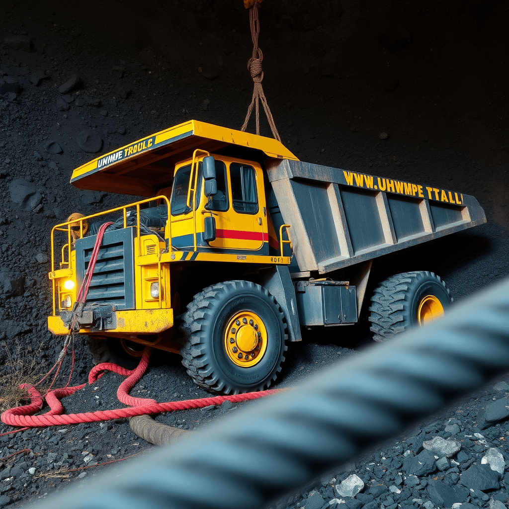 A large yellow dump truck parked in a coal mining area, tethered with red ropes for stability.